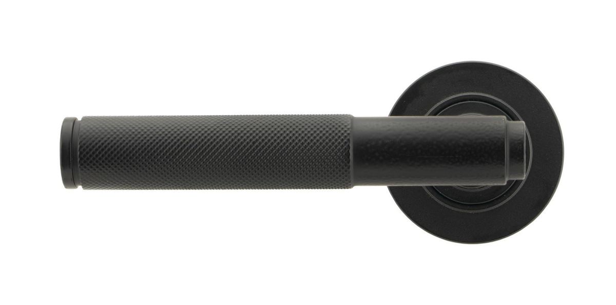 Matte Black Textured Lever Door Handle on Rose Front