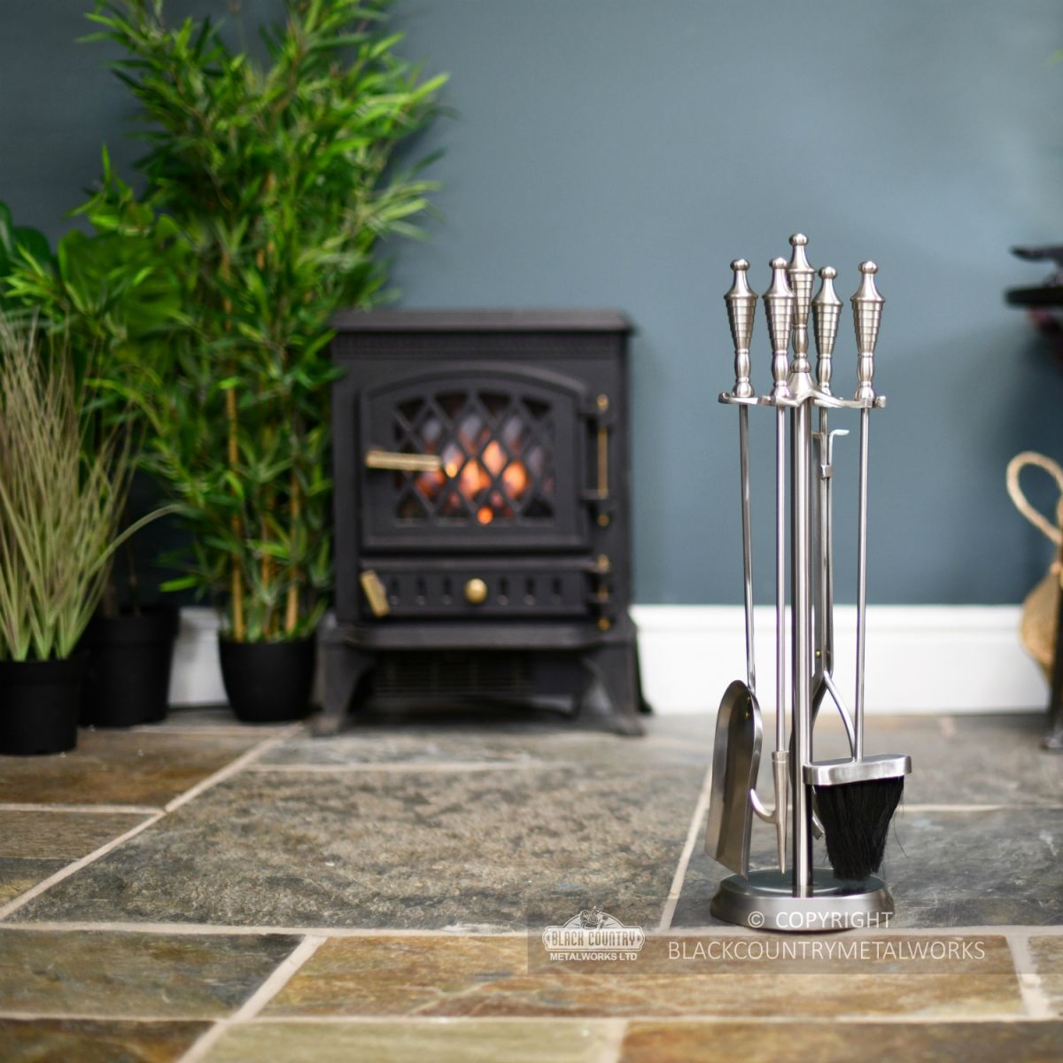 Matte Pewter Companion Set With Urn Handles 64cm In Situ