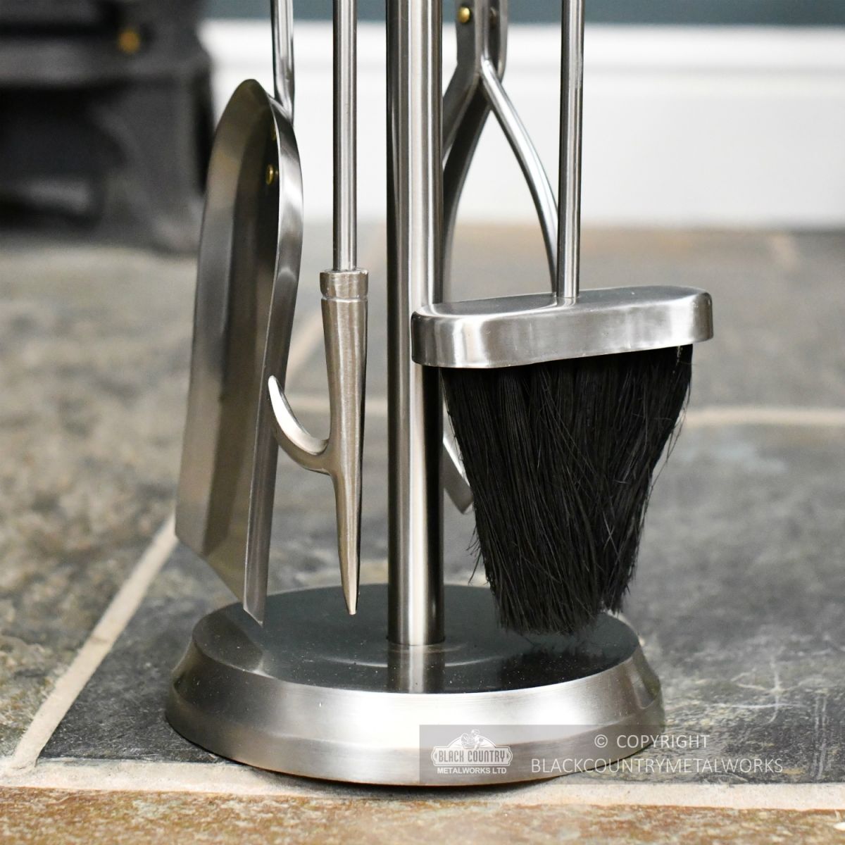 Matte Pewter Companion Set With Urn Handles Close Up