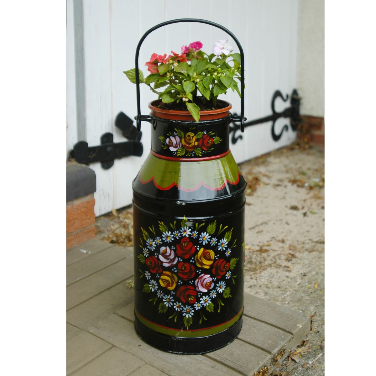 Medium Size Narrow Boat Black Milk Churn Planter in Situ