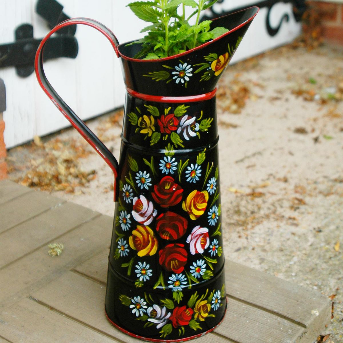 35cm Traditional Hand Painted Narrowboat Style Jug Finished in Black