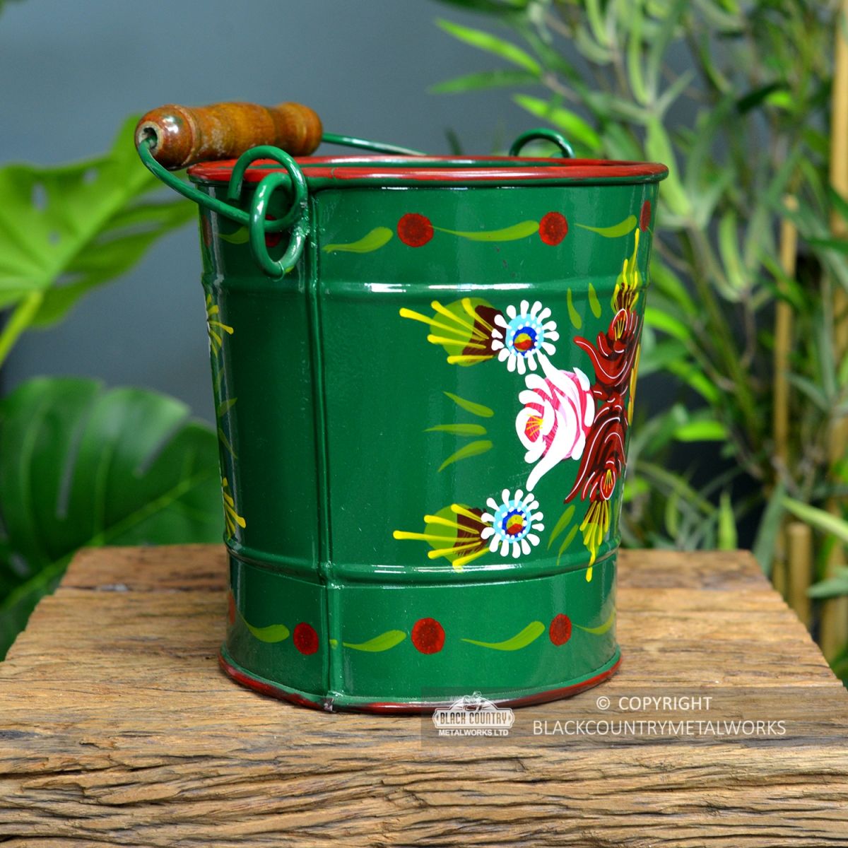 Side View of Green Narrowboat Hand Painted Bucket 