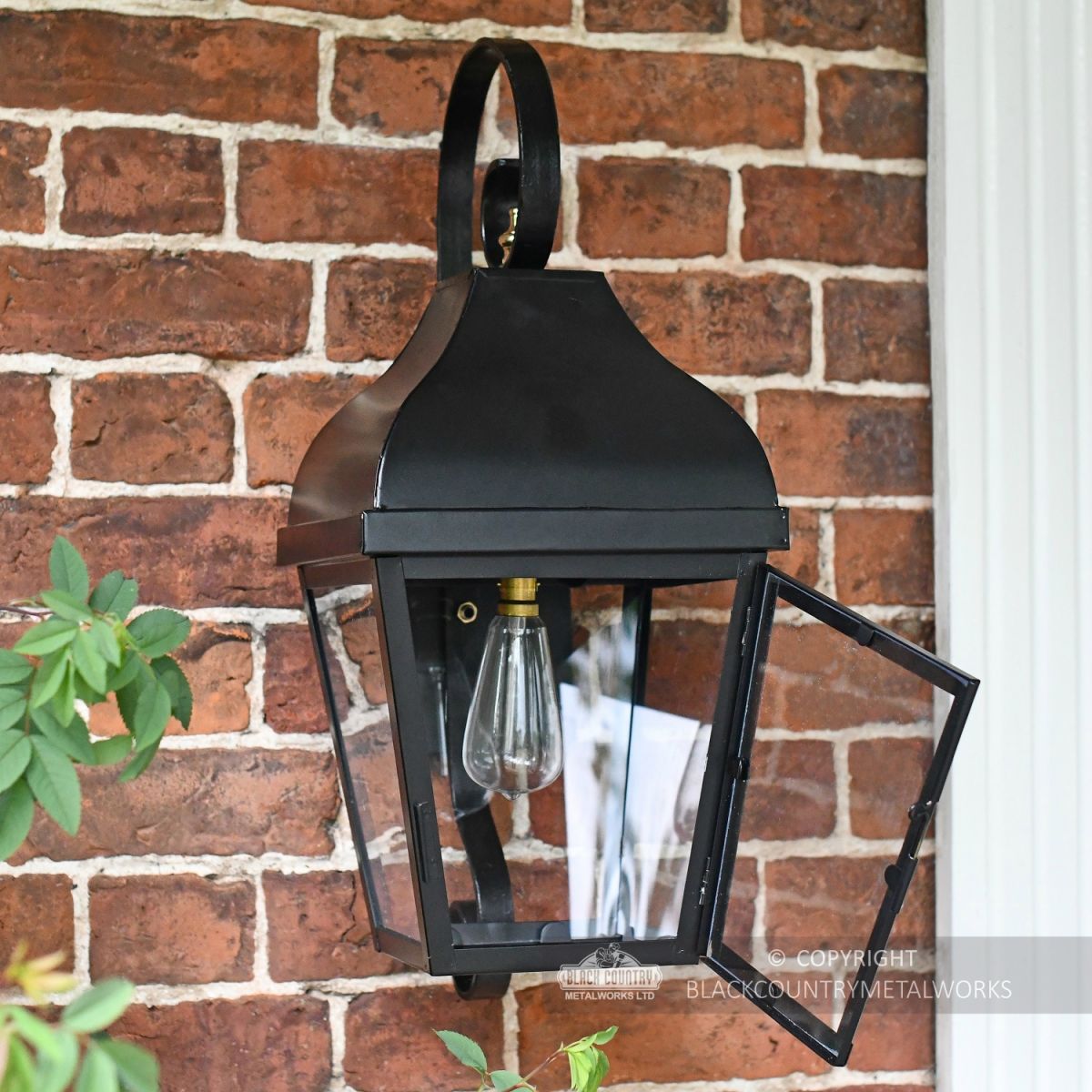 Midnight Black Flush Wall Lantern With Scrolled Bracket With Door Open