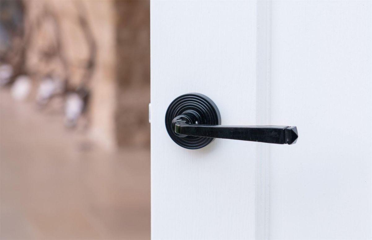 Midnight Black Lever Door Handle on Beehive Rose on Door