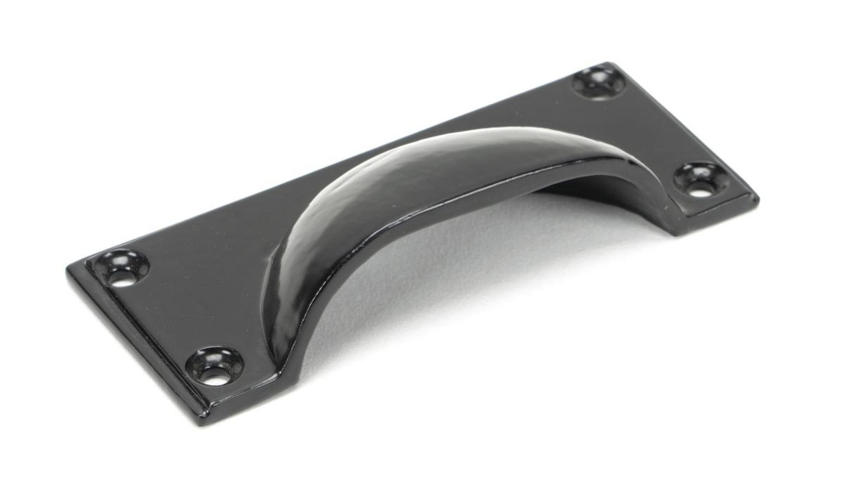 Midnight Black Rectangular Drawer Pull with Curved Handle Close Up