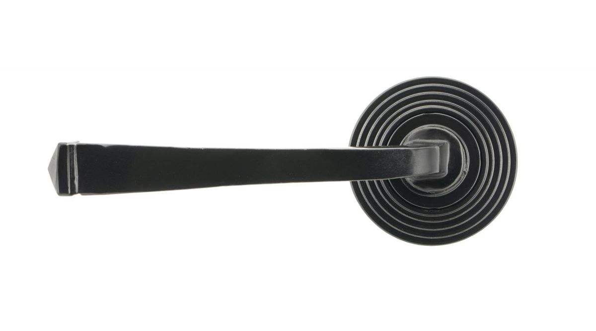 Midnight Black Unsprung Lever Door Handle on Beehive Rose Front