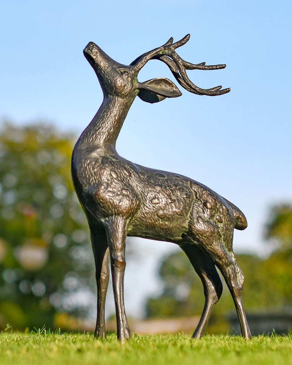 Miniature Aged Verdigris Stag Sculpture in Situ in the Garden