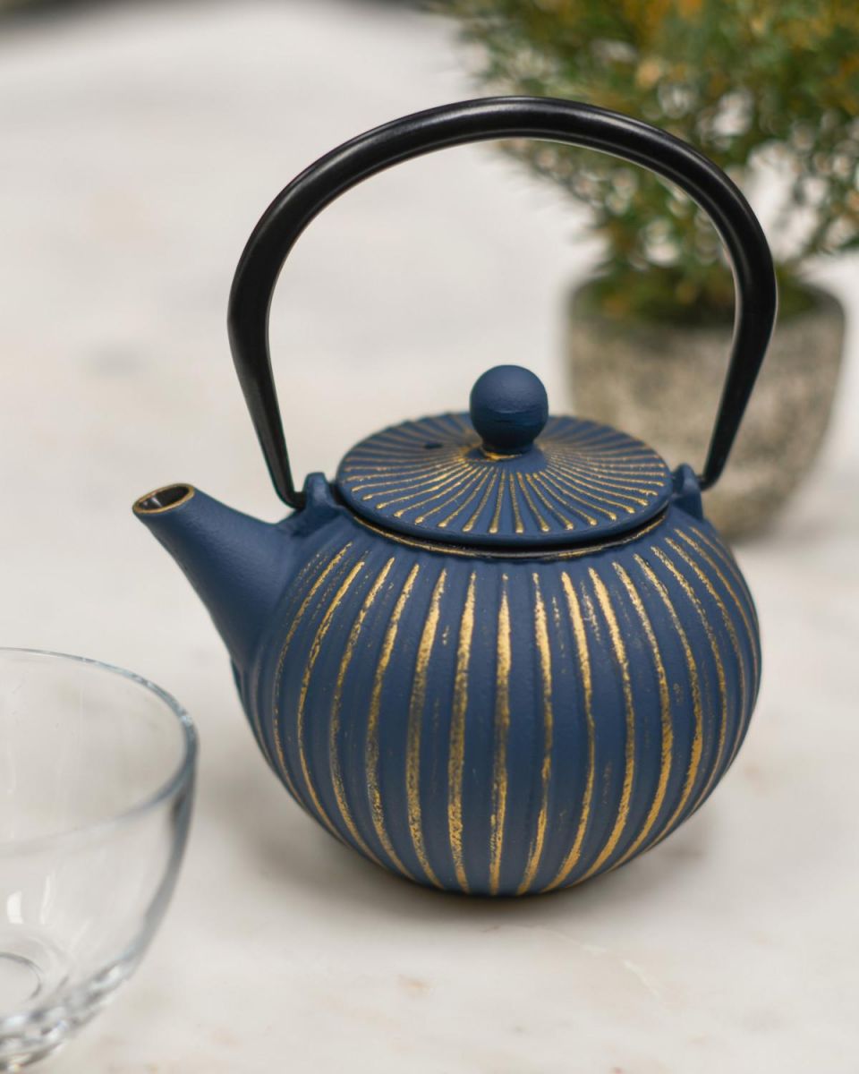 Miniature Blue & Gold "Ushirode Kyusu" Japanese Style Teapot in Situ