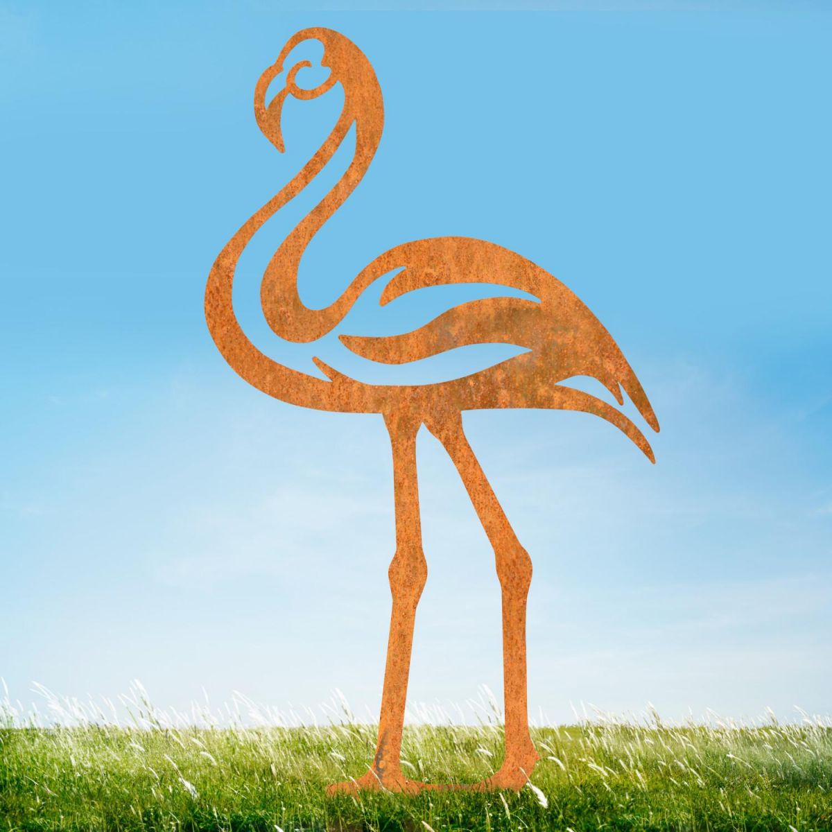 Modern Sheet Steel Flamingo Silhouette in Rustic Finish in Situ