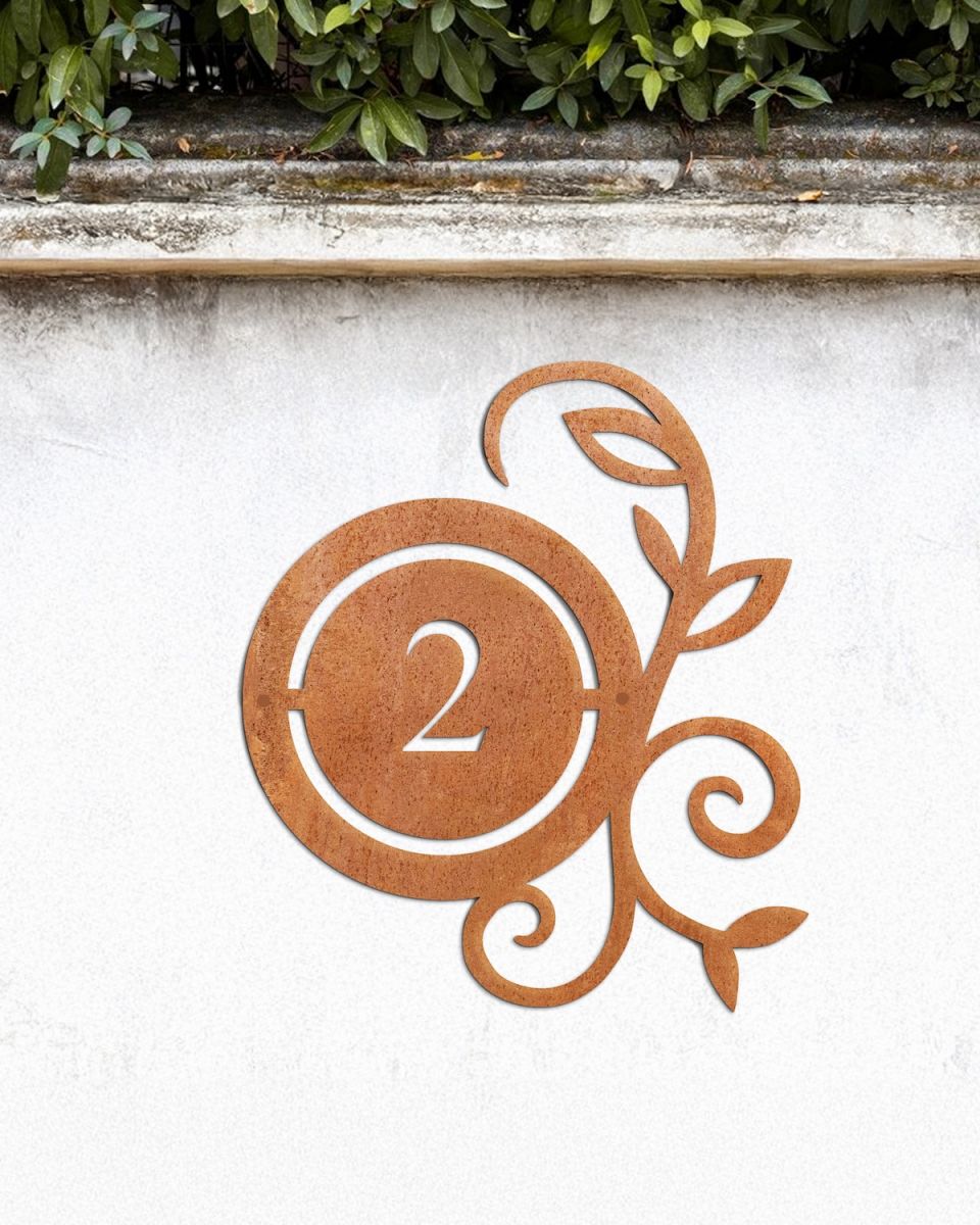 Corten steel vine detail house number sign