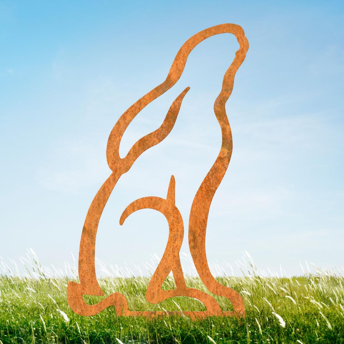 Modern Moon Gazing Hare Sheet Steel Silhouette in Rustic Finish in Situ