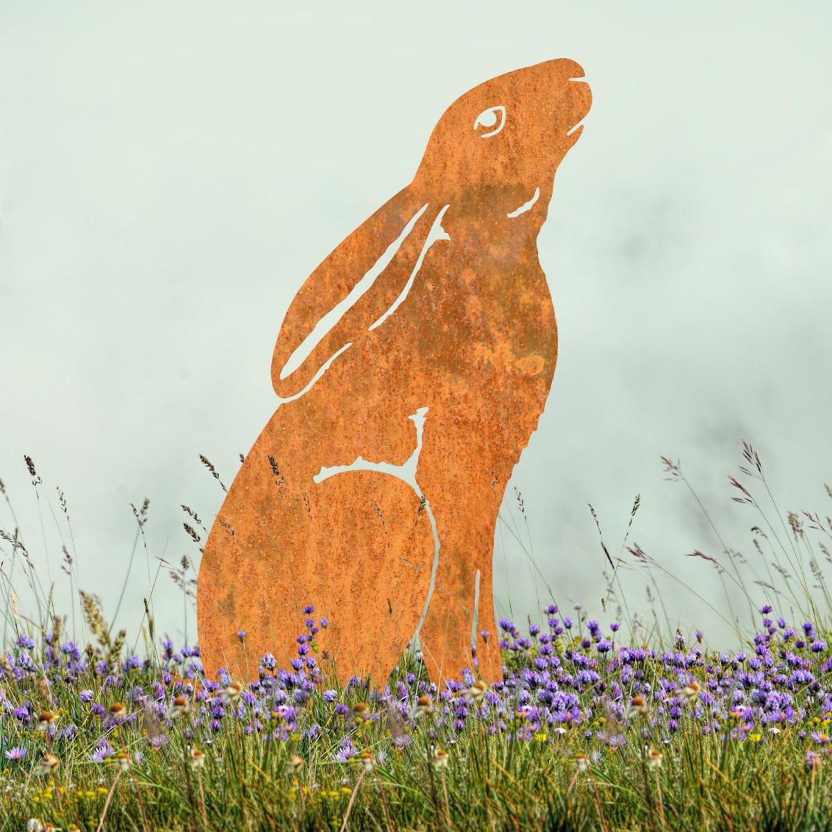 Rustic Sheet Steel Silhouette with Moon Gazing Hare Design in Situ
