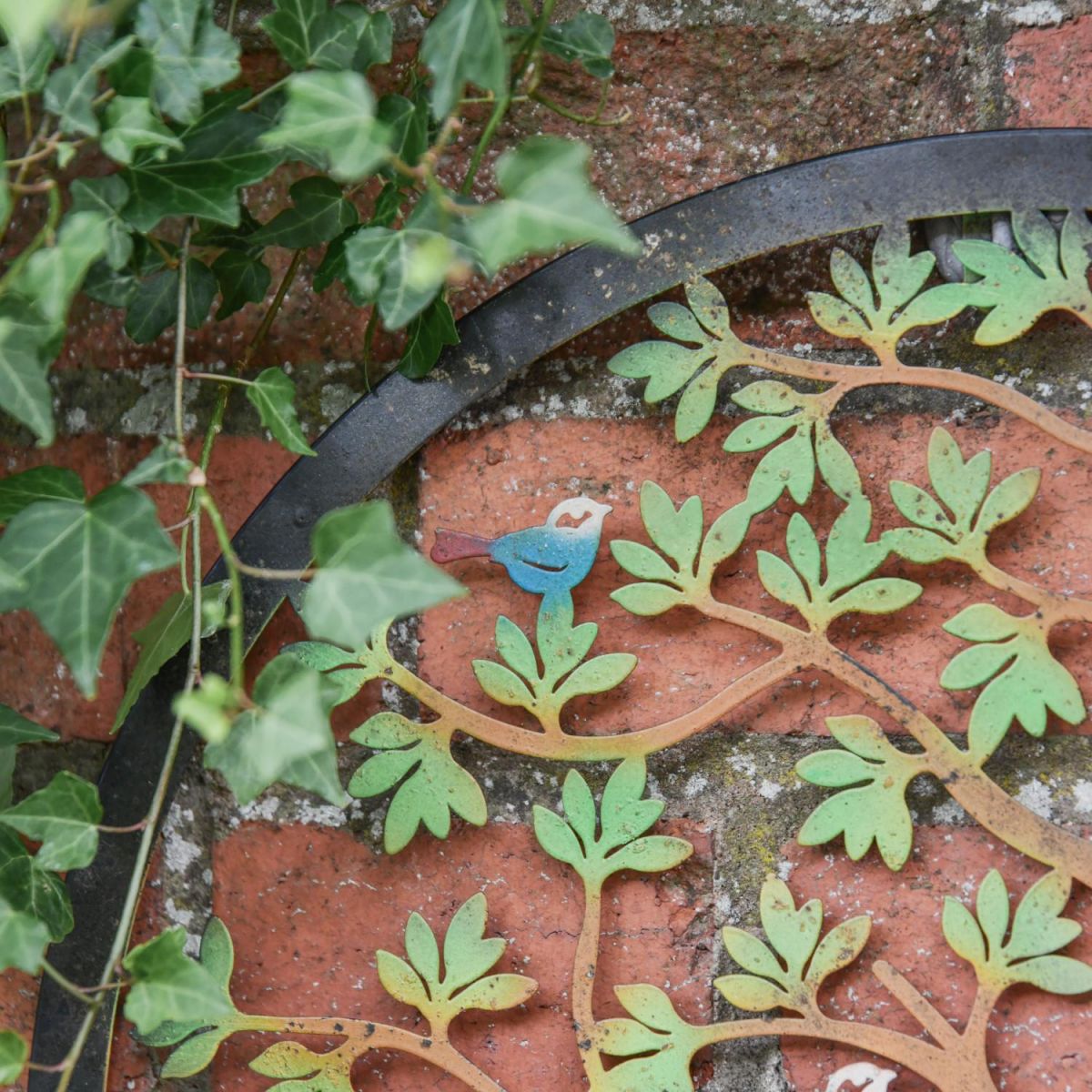 Close-Up of Black Circular Frame on Garden Wall Art