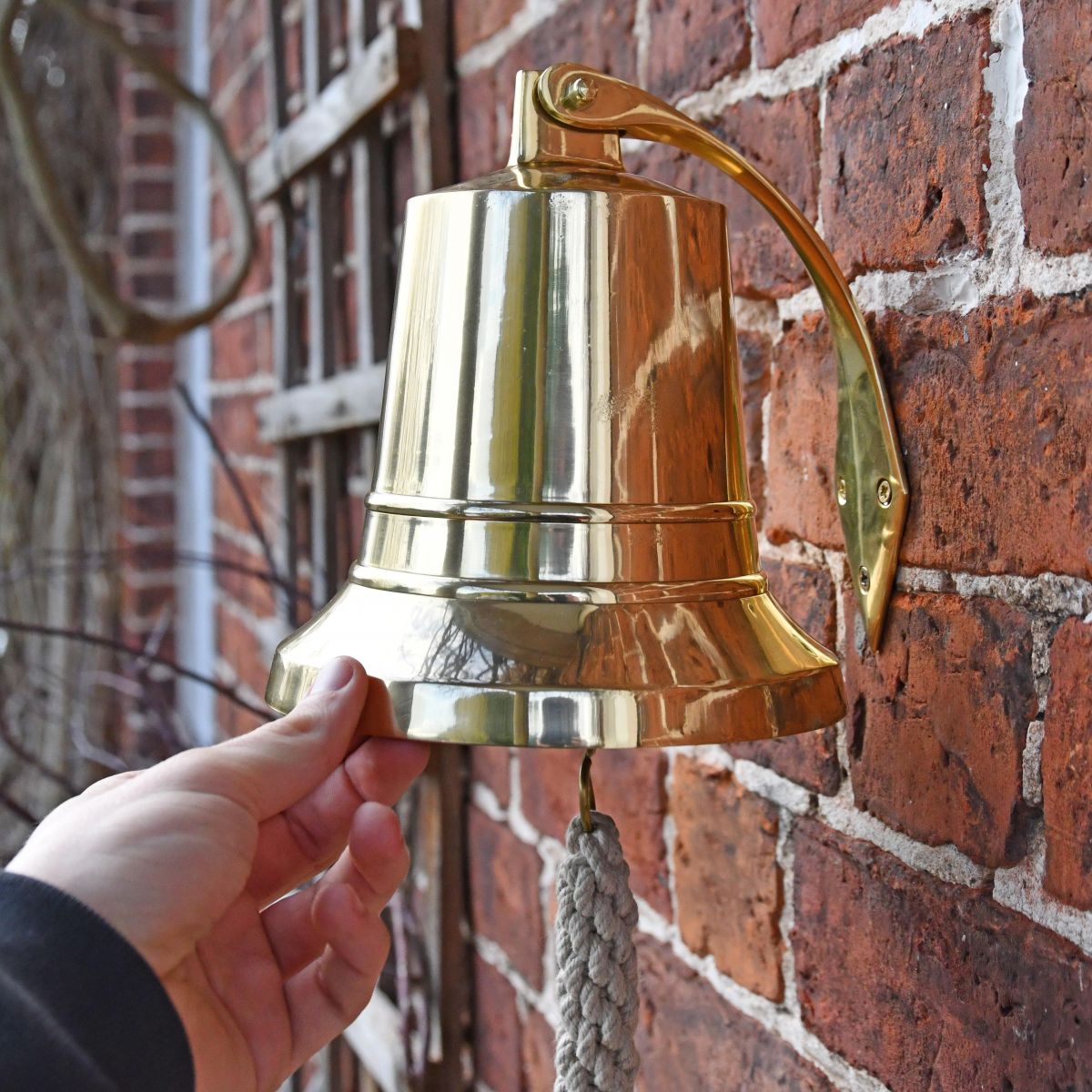 Polished Brass Bell with Rope Lanyard to Scale