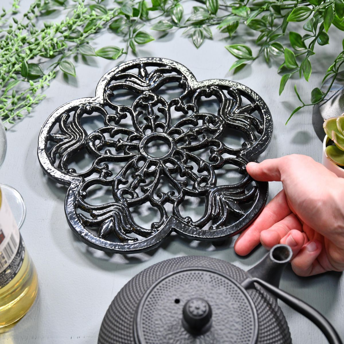 Black Cast Iron Flower Trivet to Scale