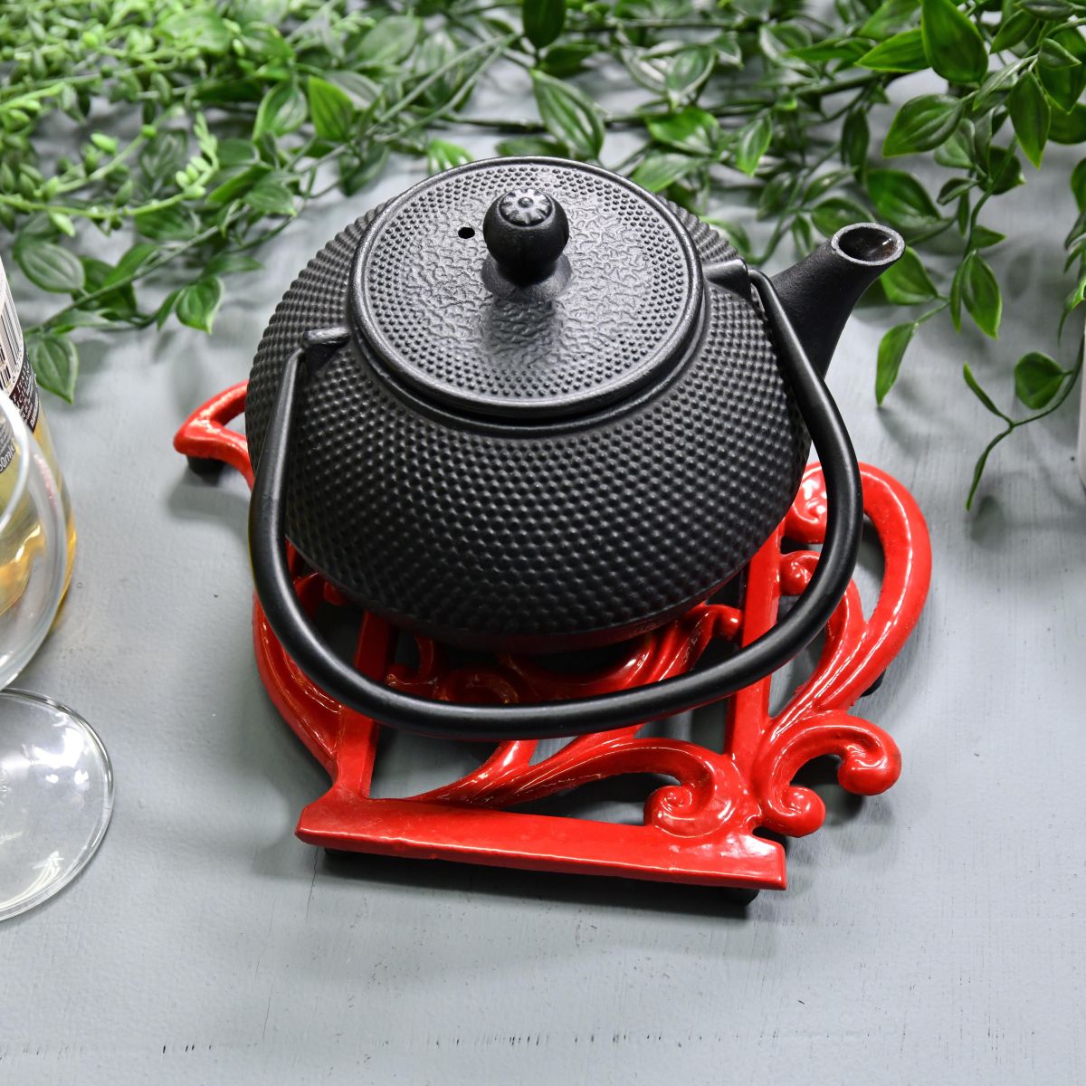 Red Cast Iron Kettle Trivet with Teapot
