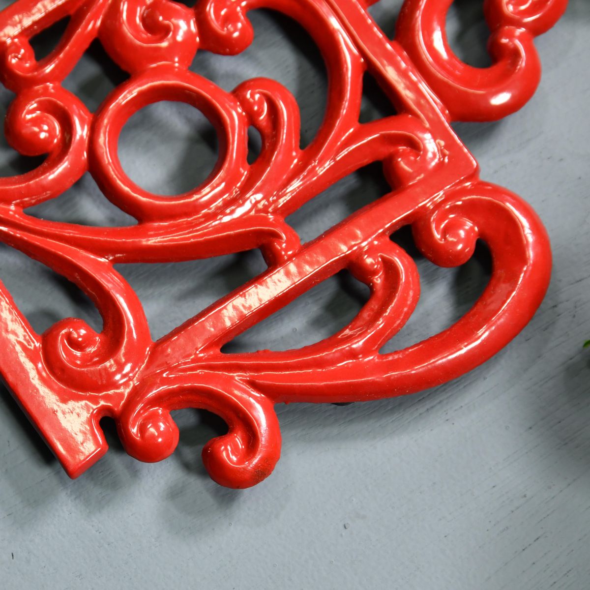 Red Cast Iron Kettle Trivet Close Ups