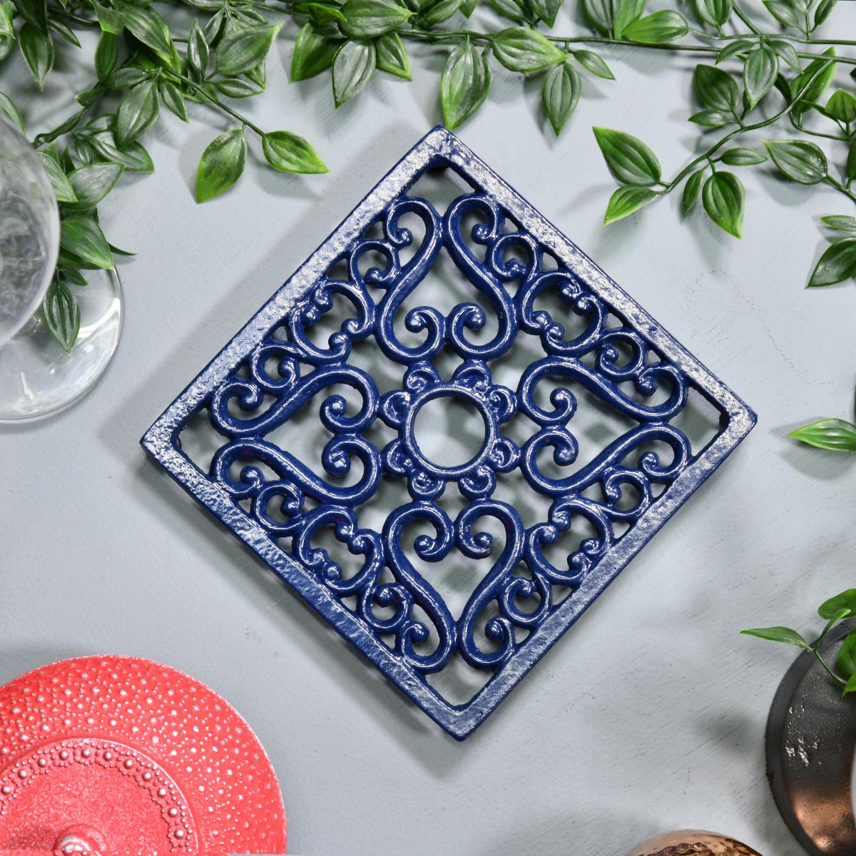 Blue Cast Iron Square Trivet in Situ
