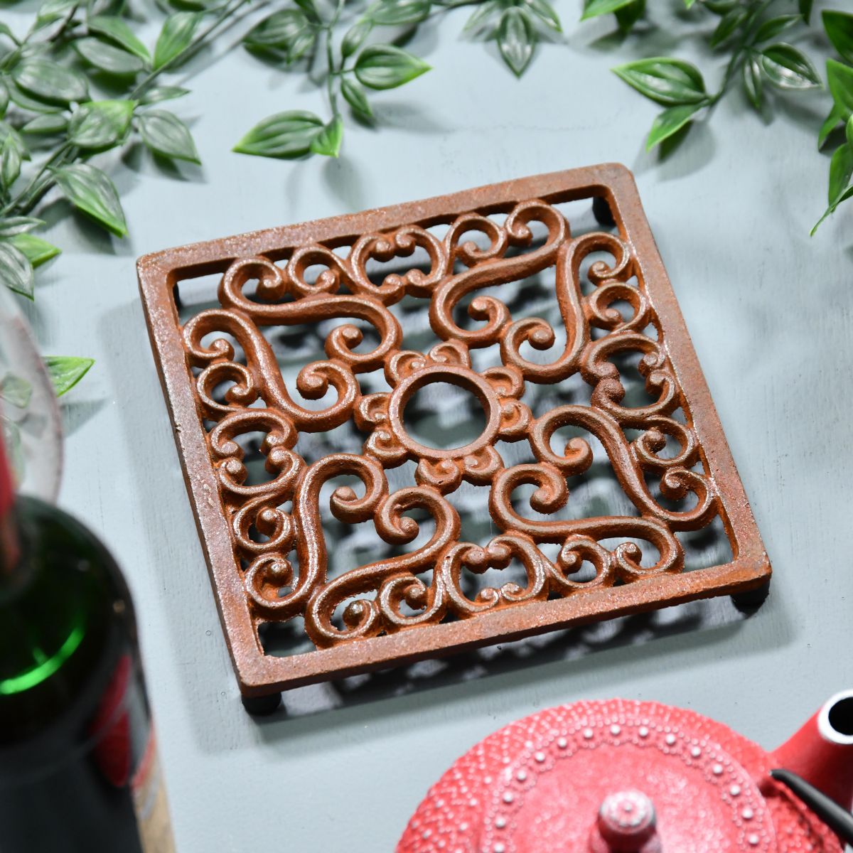 Rustic Cast Iron Square Trivet in Situ Angled