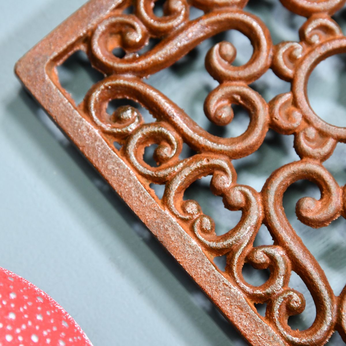 Rustic Cast Iron Square Trivet Close-Up