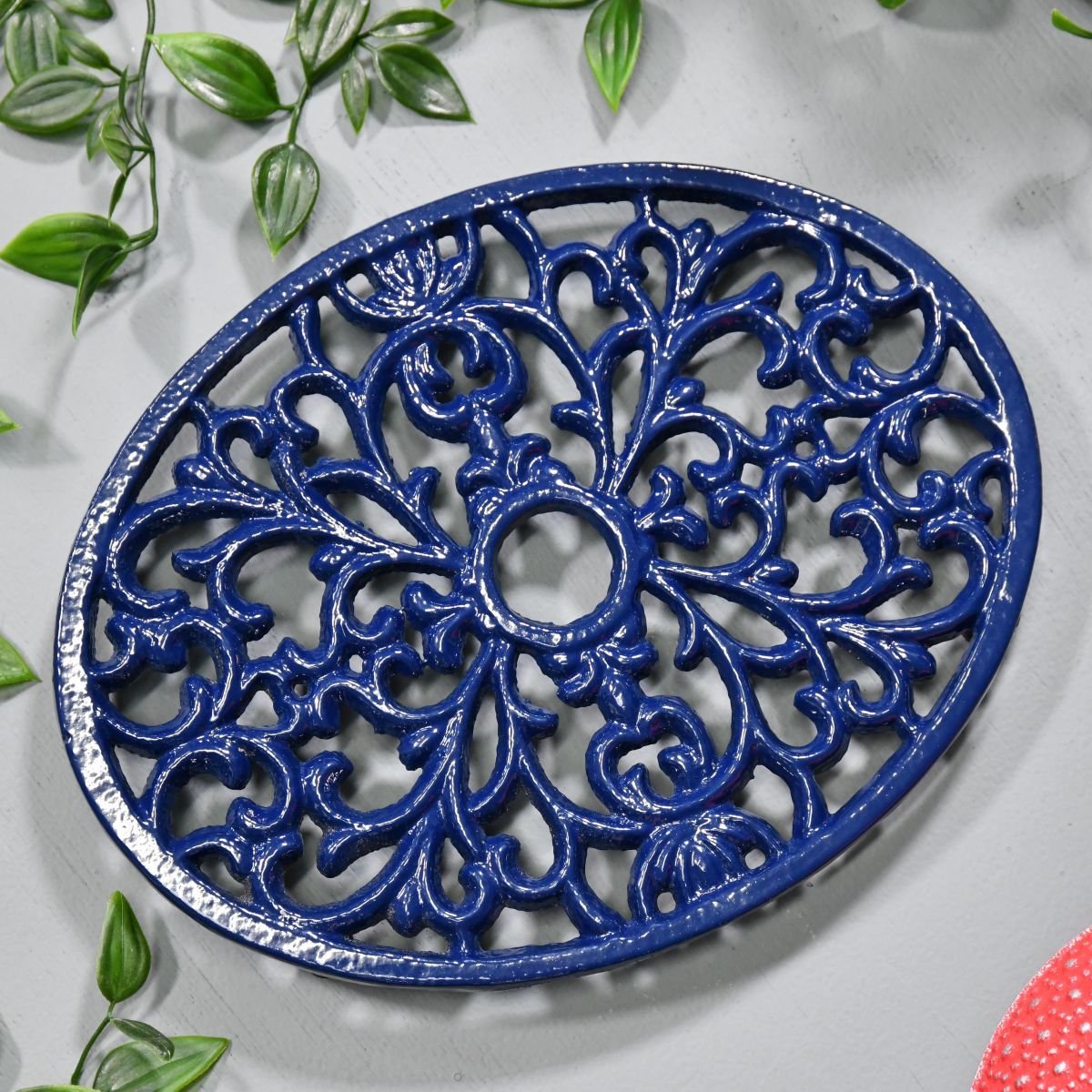 Blue Cast Iron Oval Trivet in Situ