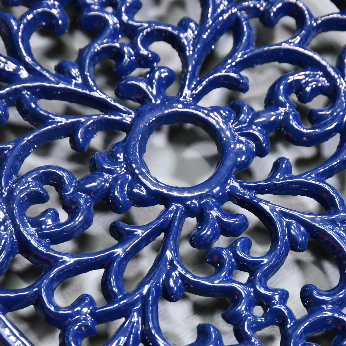 Blue Cast Iron Oval Trivet Close-Up