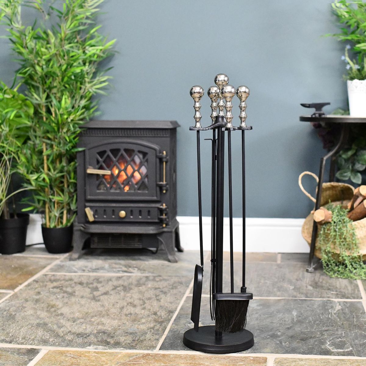 Nickel & Black Powder Coated Fireside Tool Set in Situ
