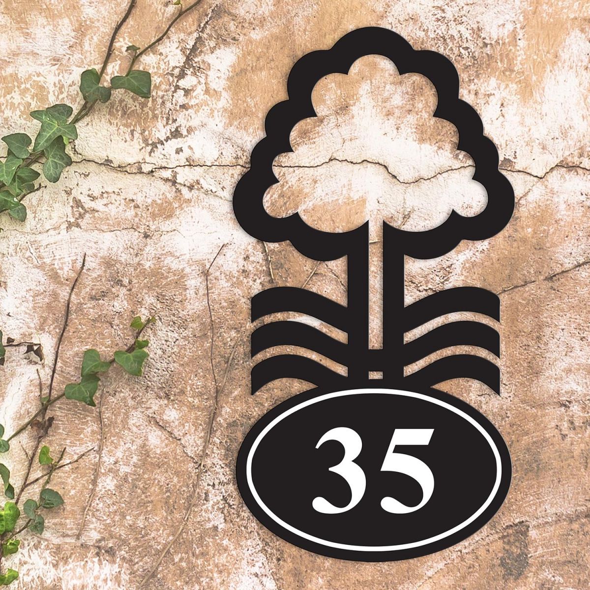 Nottingham Tree Iron House Number Sign in Situ a Rustic Wall