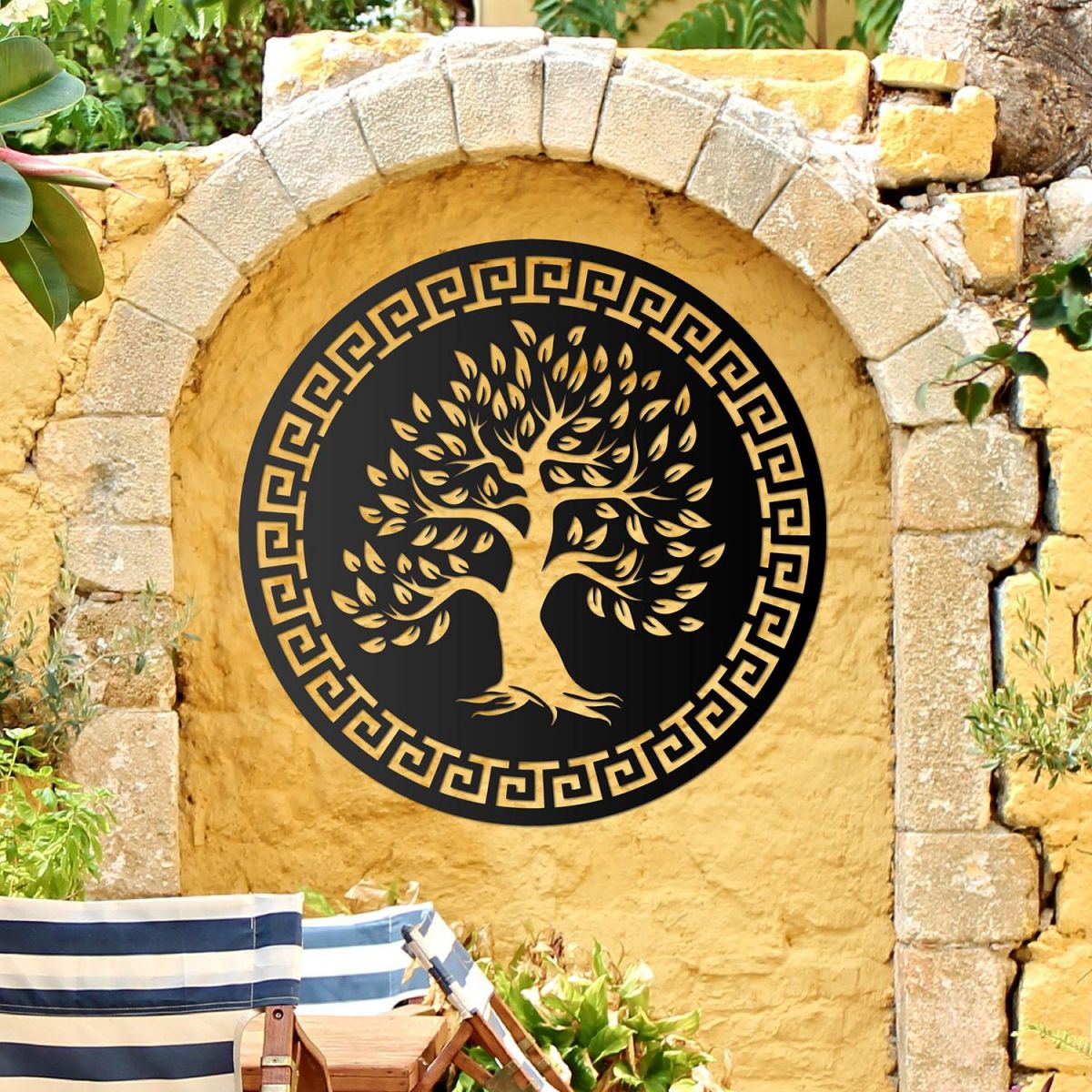Round "Olive Tree" Wall Art in the Garden