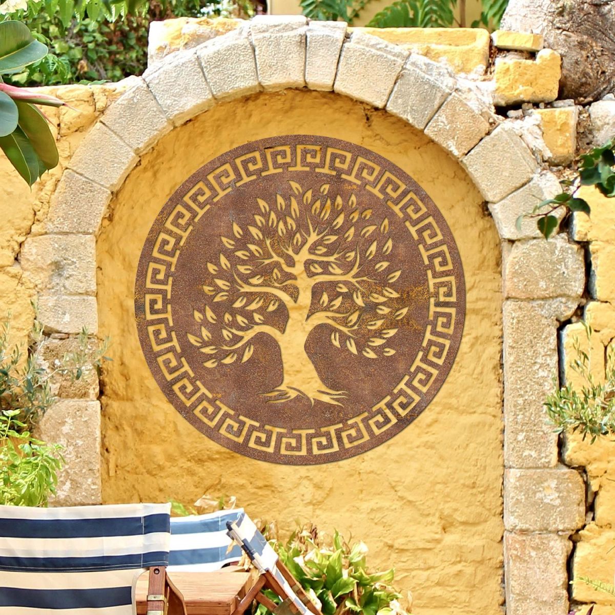 Round "Olive Tree" Wall Art in the Garden