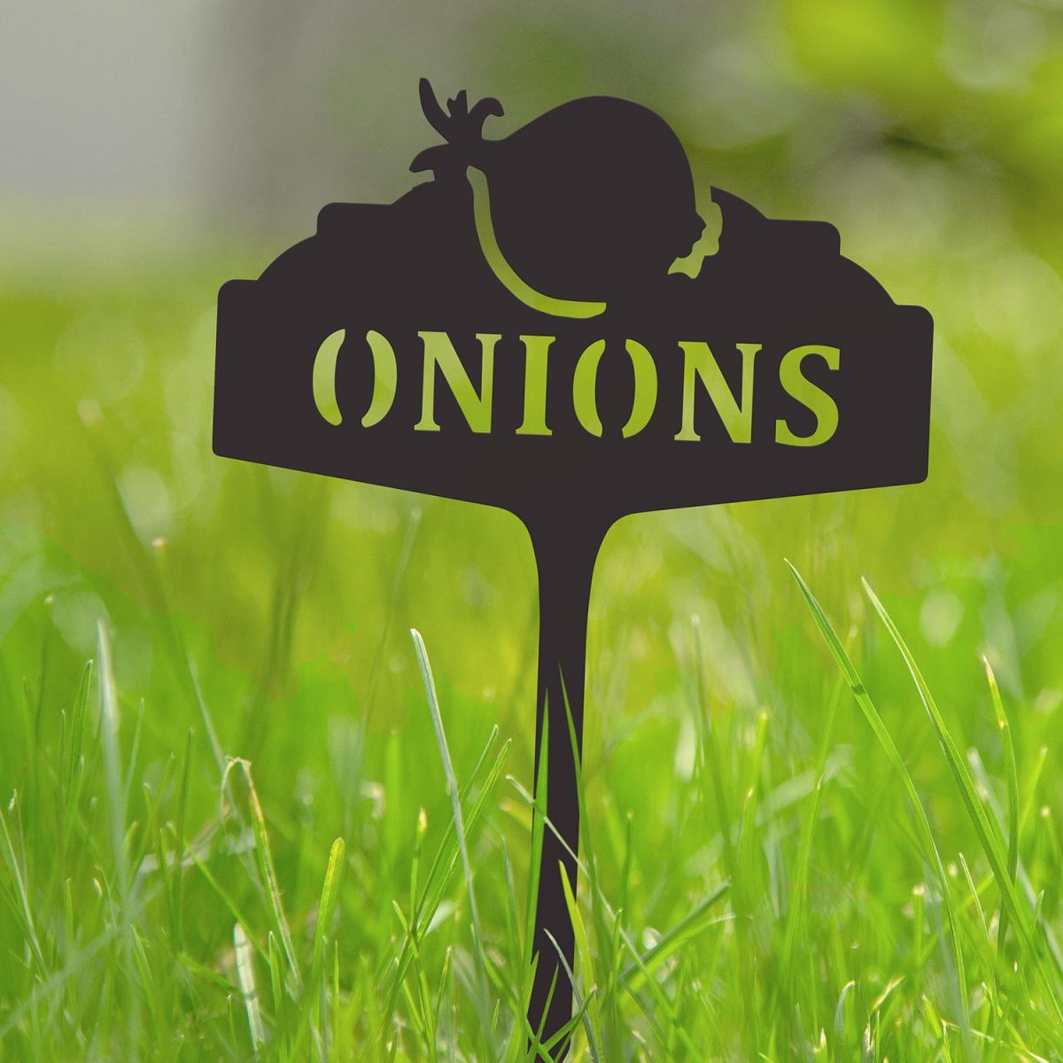 "Onions" Vegetable Label in Situ in the Garden