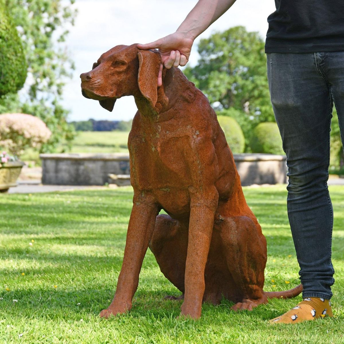 "Farmstead Hound" Dog Sculpture with Male for Scale 