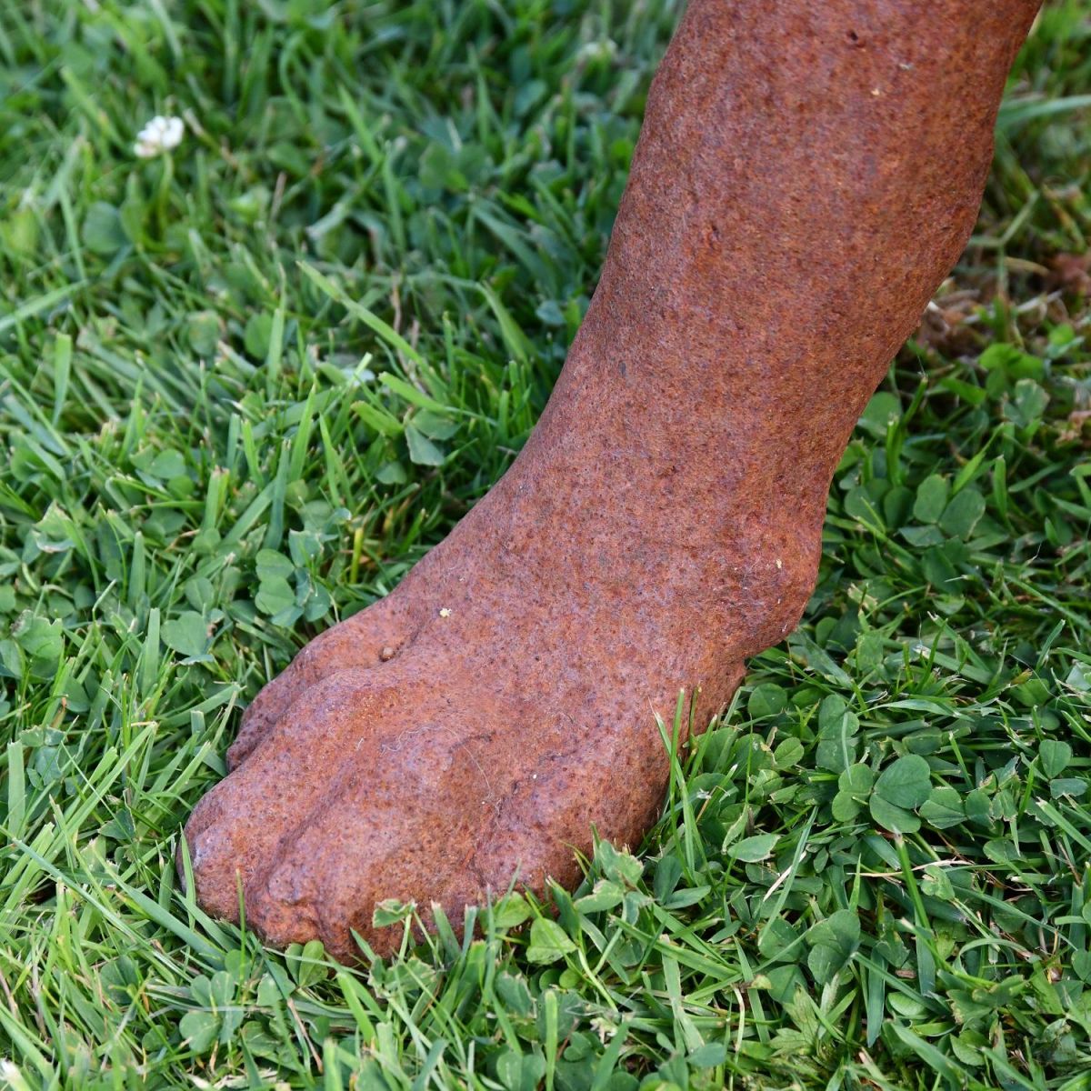 Close up of front paw on cast iron dog sculpture 