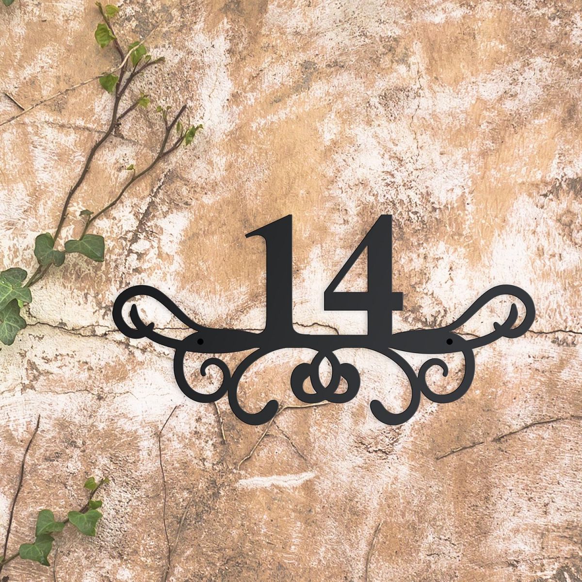 Number 14 on the Ornate Scroll Iron House Number Sign