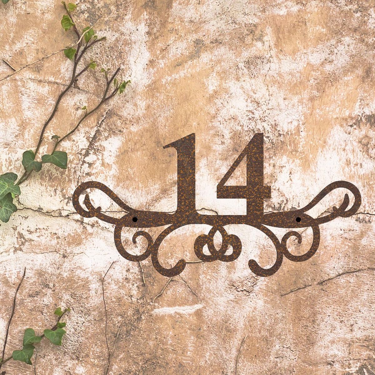 Ornate Scroll Iron House Number Sign in Situ