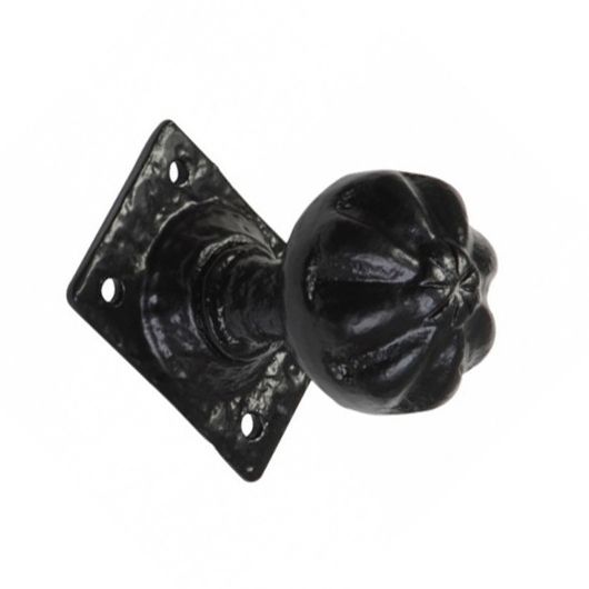 Pair of Antique Black Iron Mortice Door Knobs With Ridged Design