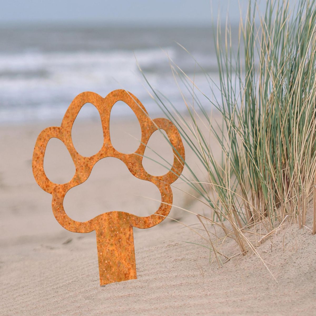 Paw Print "Outline" Grave Marker Ground Spike in Rustic Finish in Situ