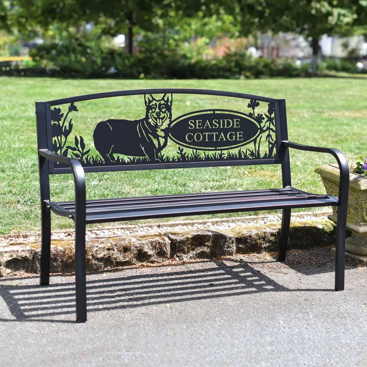 Black Personalised Corgi Dog Iron & Steel Park Bench