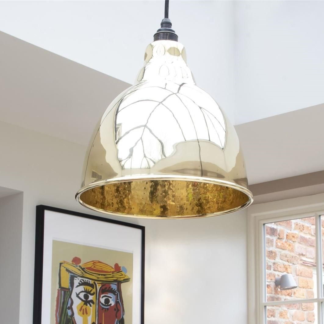 Polished Brass Bowl-Shaped Hanging Pendant Light with Hammered Brass Interior Close Up