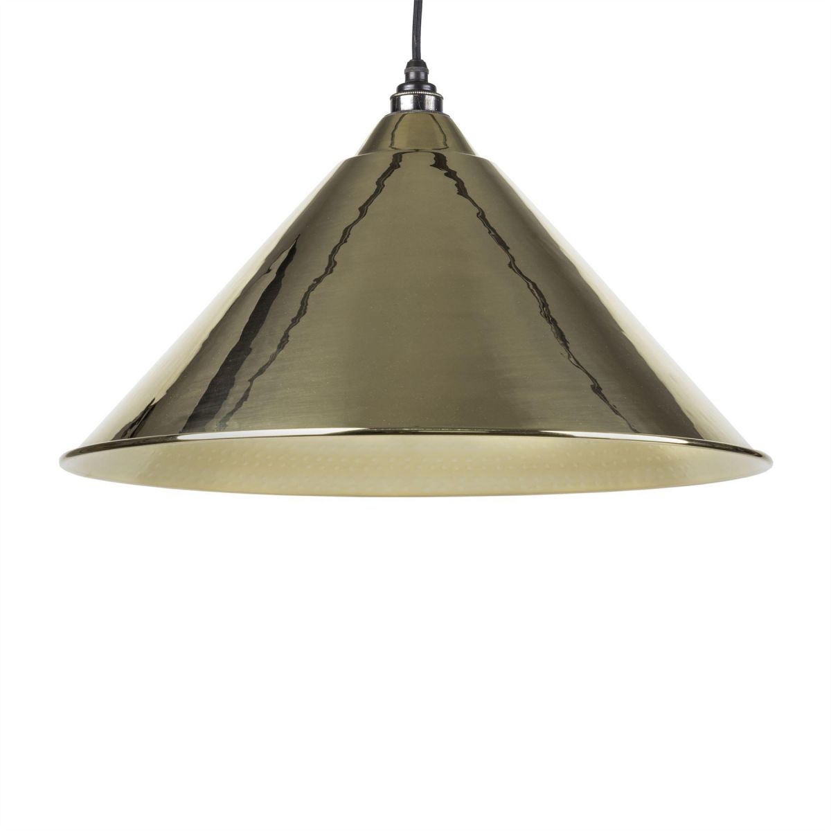 Polished Brass Conical-Shaped Hanging Pendant Light with Hammered Brass Interior