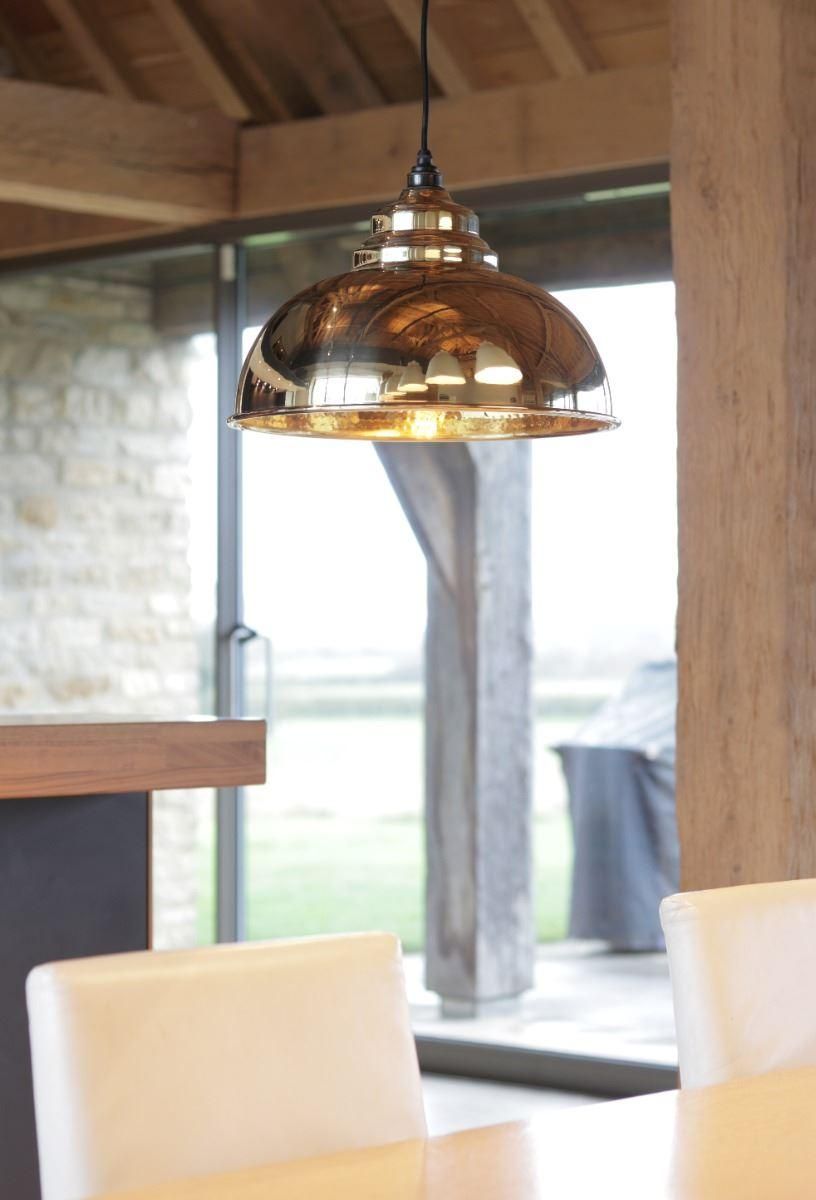 Polished Brass Curved Hanging Pendant Light with Hammered Brass Interior in Situ