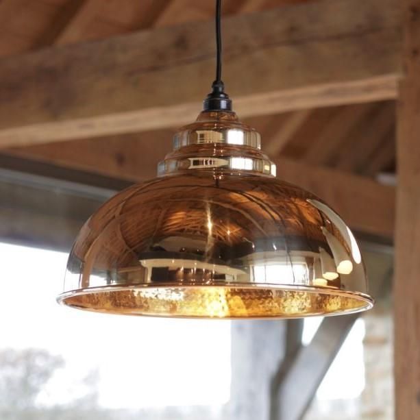 Polished Brass Curved Hanging Pendant Light with Hammered Brass Interior