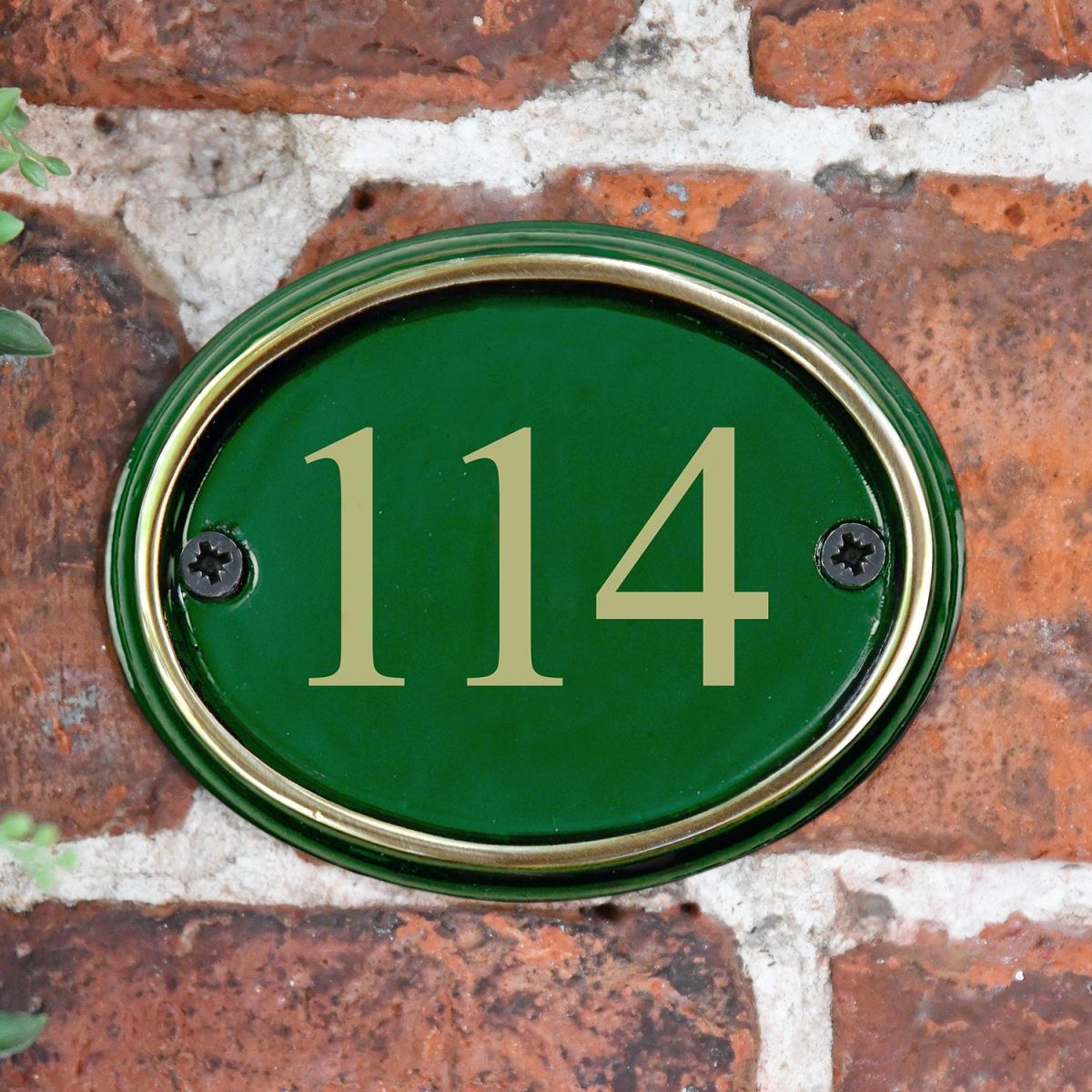 Polished Brass & Green Cast Oval House Number Sign with the Vinyl Number 114