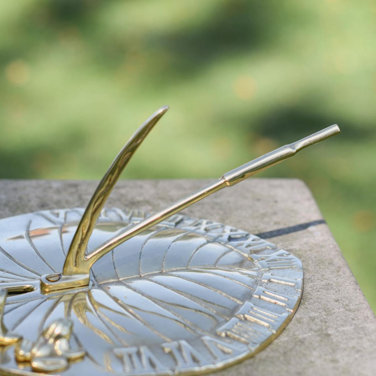Close-Up of Polished Brass "Lily Pad & Bullfrog" Sundial - 210mm