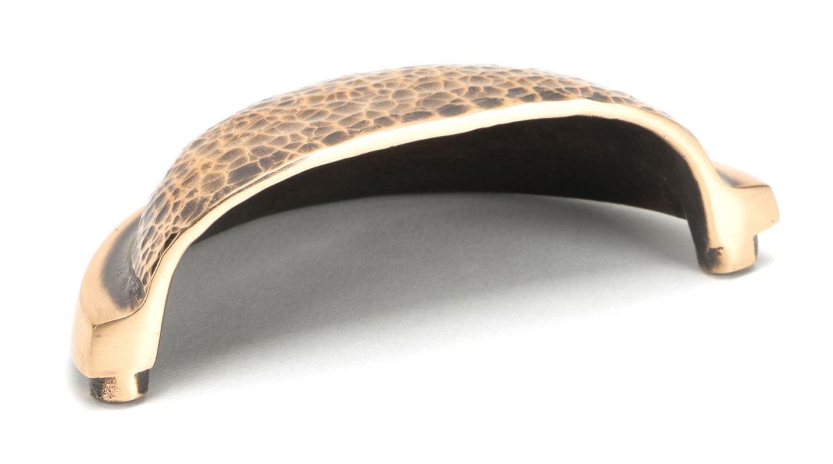 Polished Copper Curved Drawer Pull with Hammered Handle Interior