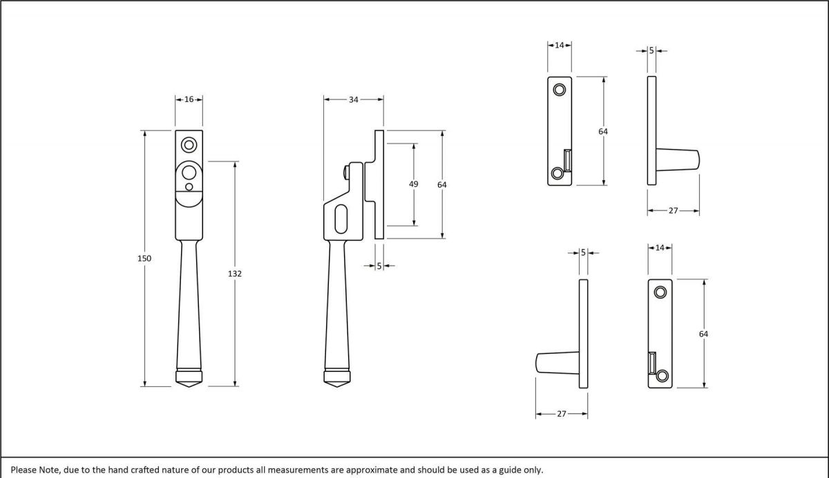 Polished Copper Night-Vent Locking Casement Window Fastener Dimensions