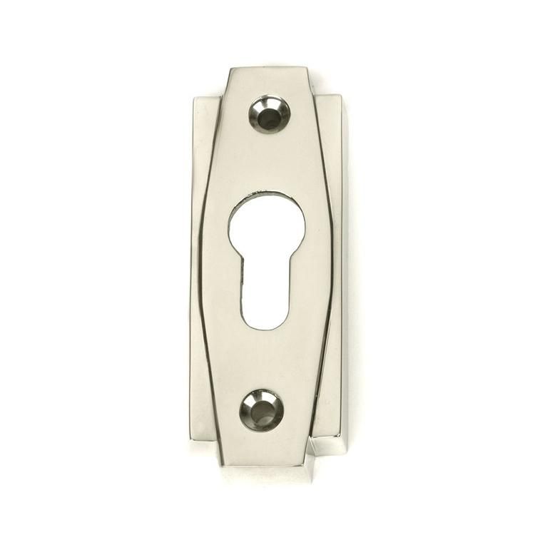 Close-Up of Polished Nickel "Roman" Euro Escutcheon - 100mm x 36mm
