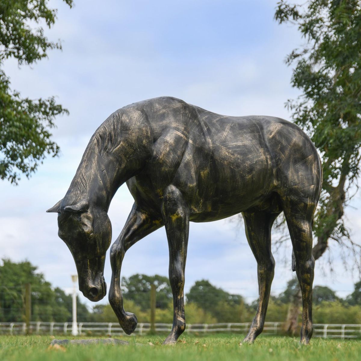 Recycled Cast Aluminium Brushed Gold "Grazing" Horse Sculpture in Situ