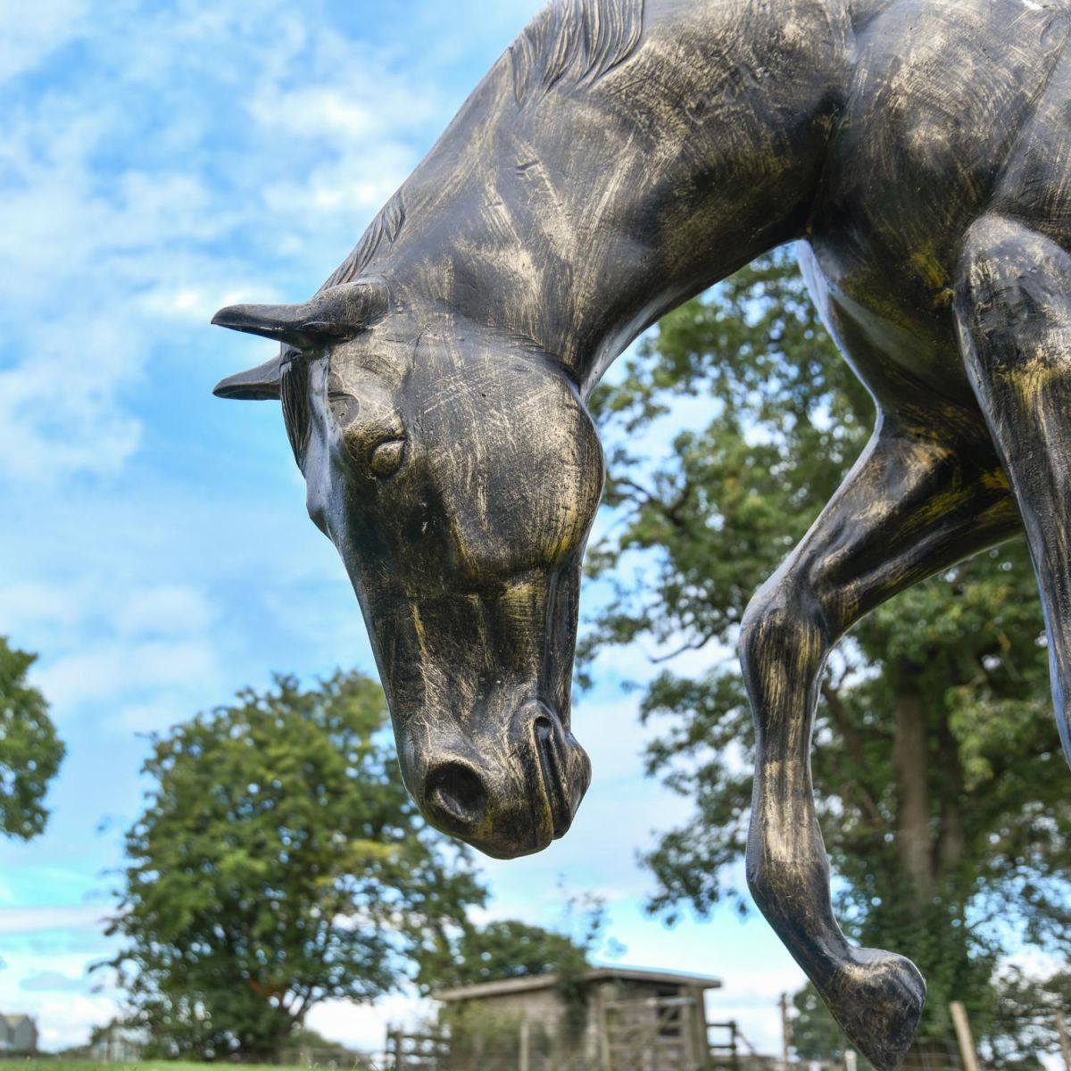 Close-Up of Recycled Cast Aluminium Brushed Gold "Grazing" Horse Sculpture 
