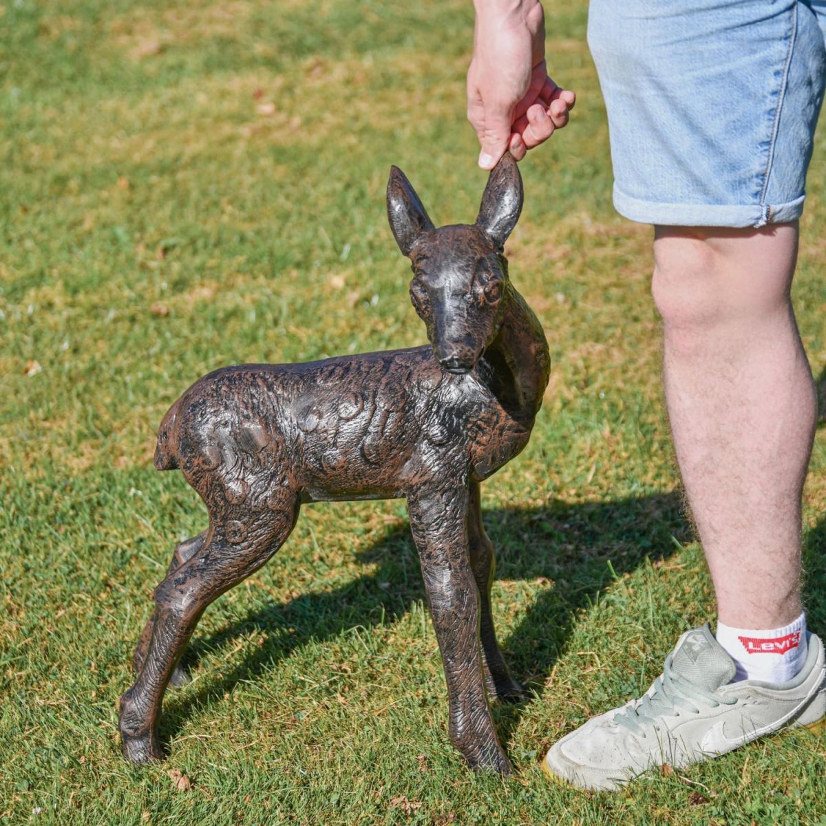 Scale Shot of Recycled Cast Aluminium Brushed Gold Standing Fawn Sculpture